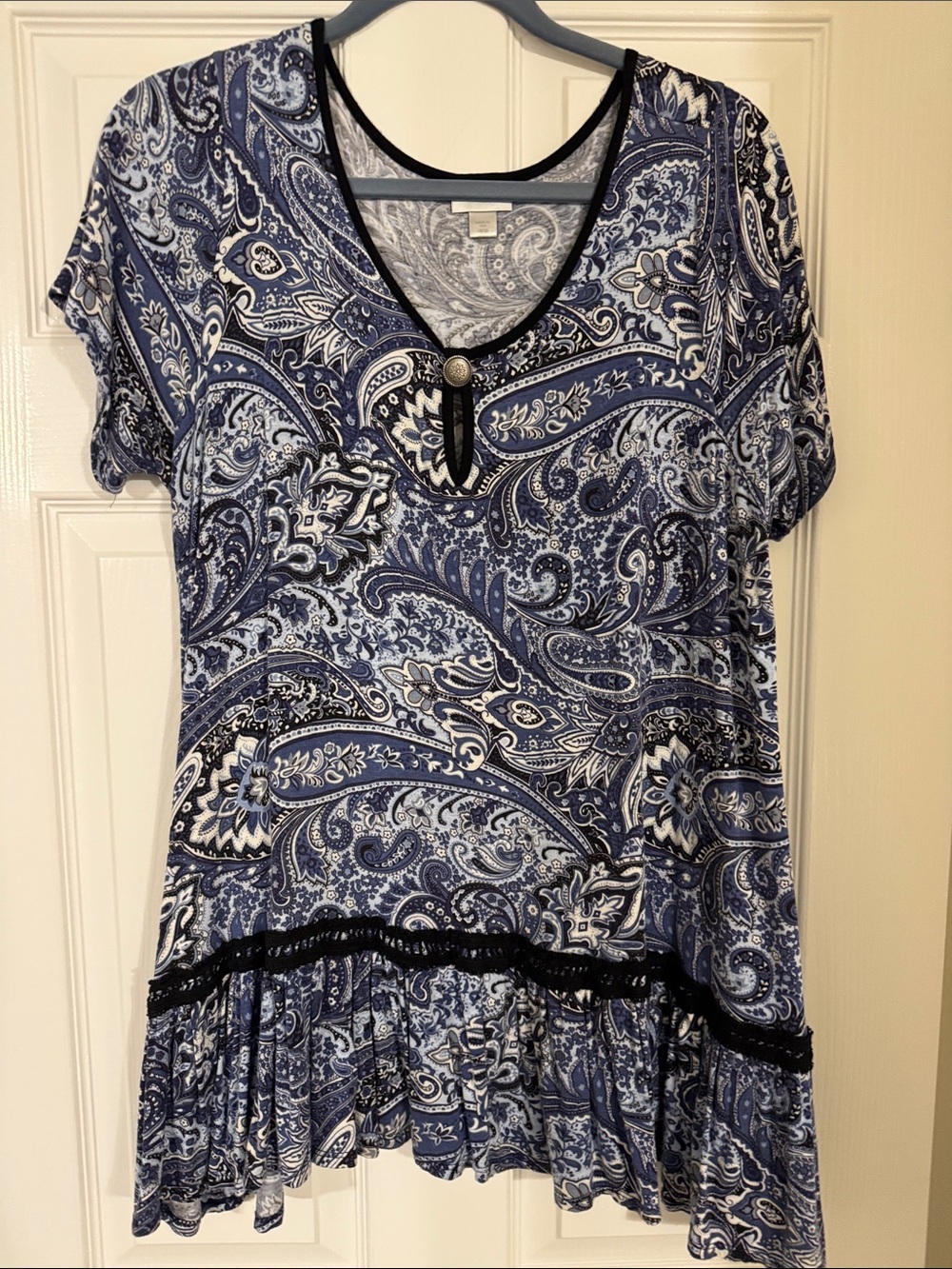 Avenue Blue Paisley Short Sleeve Tunic with Ruffle Hem